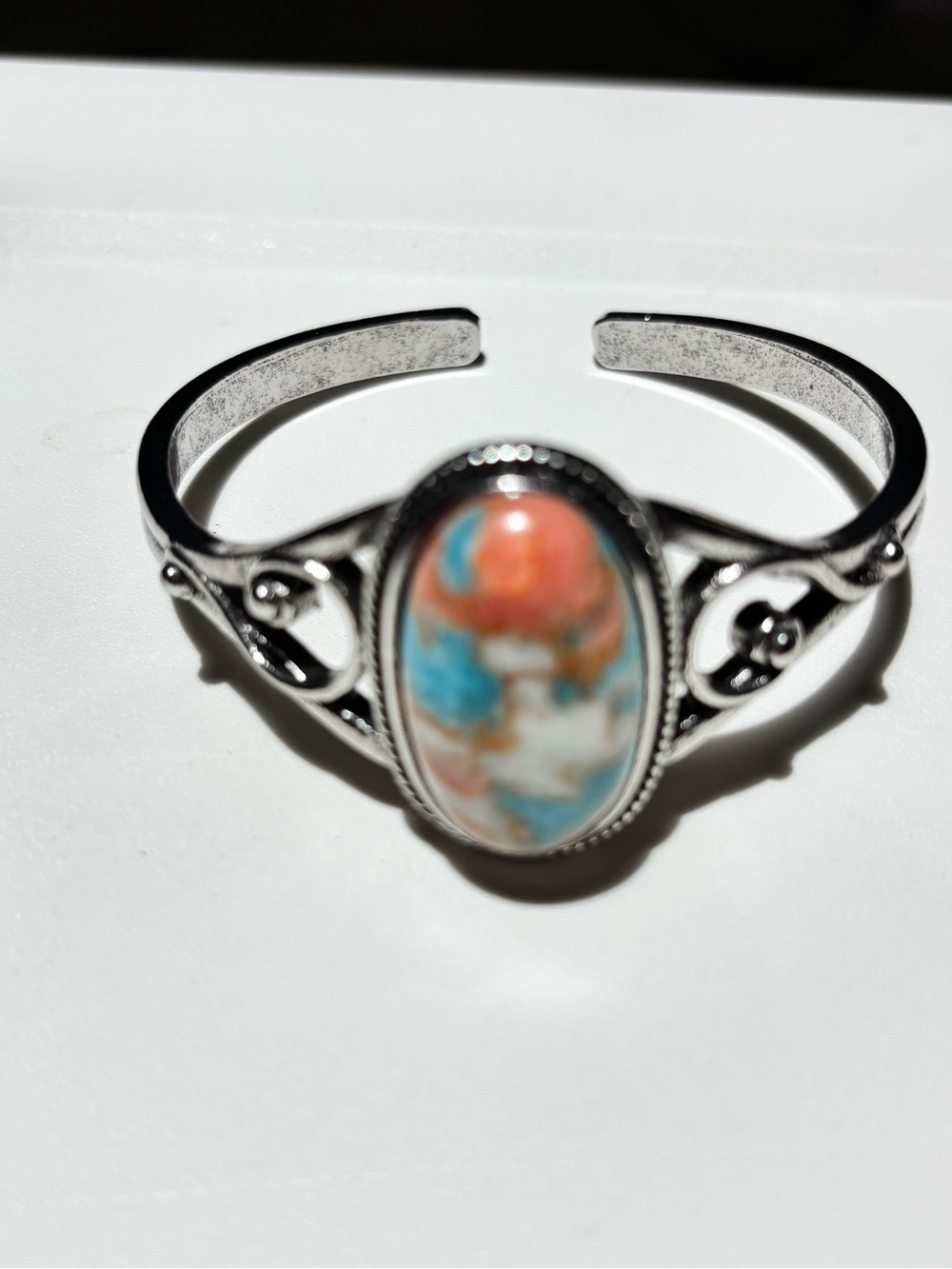 Silver-Tone Cuff Bracelet with Multicolor Turquoise-Orange-White Oval Stone